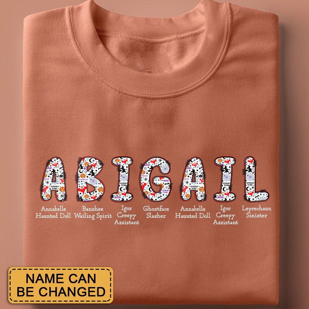 Personalized Halloween Alphabet T-Shirt – Spooky Horror A-Z Characters, Custom Name Graphic Tee