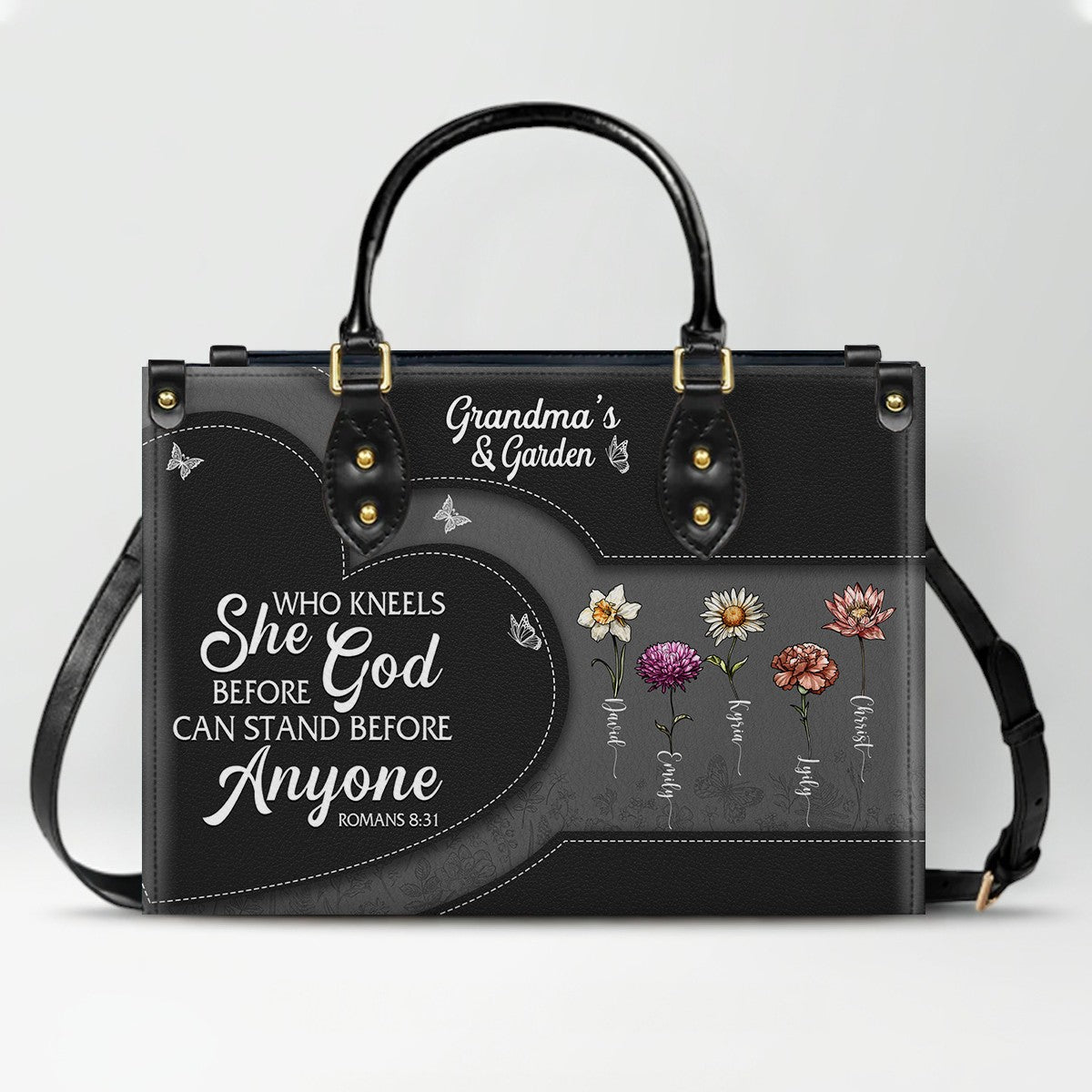 CHRISTIANARTBAG | Personalized Leather Handbag Tote | "Be Still & Know" Bible Verse Grandma's Garden | Custom Birth Month Flower Gift