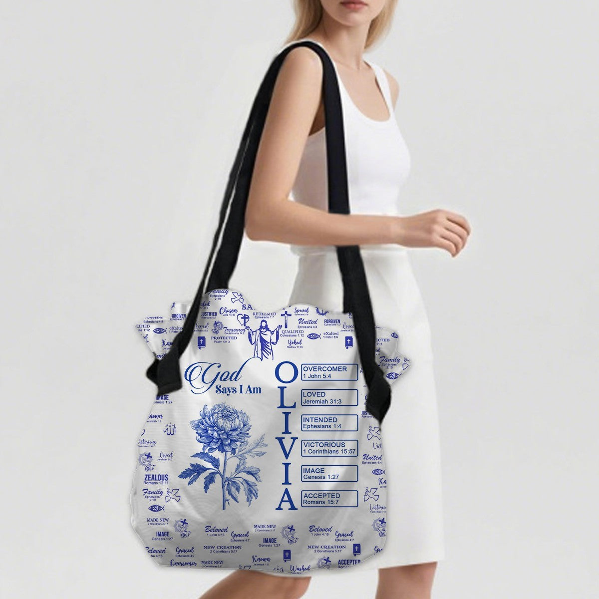 Personalized Christian Tote Bag – Large Oxford Fabric Shoulder Bag with Custom Name, Bible Verses & Birth Flower – CHRISTIANARTBAG