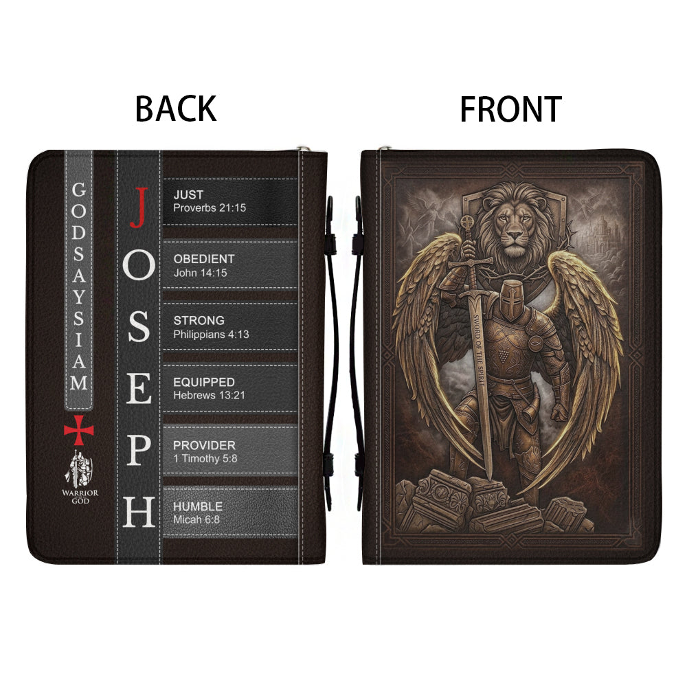 Personalized Leather Bible Cover for Men - Custom Name & Acrostic Bible Verses - Warrior of God Lion & Knight Design - Christian Gift for Him CAB152626