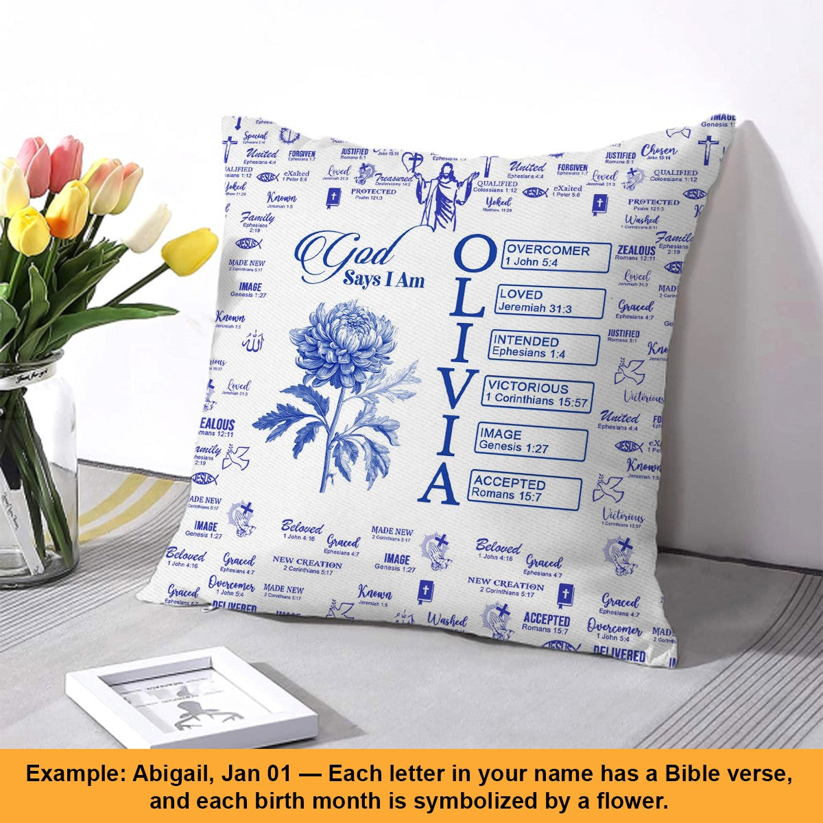 Personalized Christian Pillow with Bible Verses & Birth Month Flower