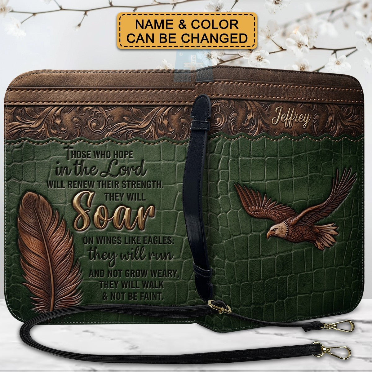 Personalized Bible Cover with Strap by CHRISTIANARTBAG - Custom Engraved Name & Isaiah 40:31 Eagle Design