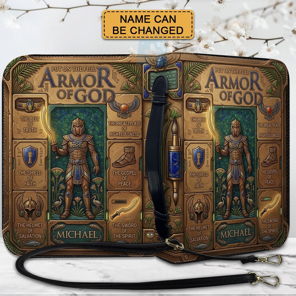 CHRISTIANARTBAG Custom Armor of God Bible Cover | Personalized Men's Egyptian Bible Case with Strap CAB01070226