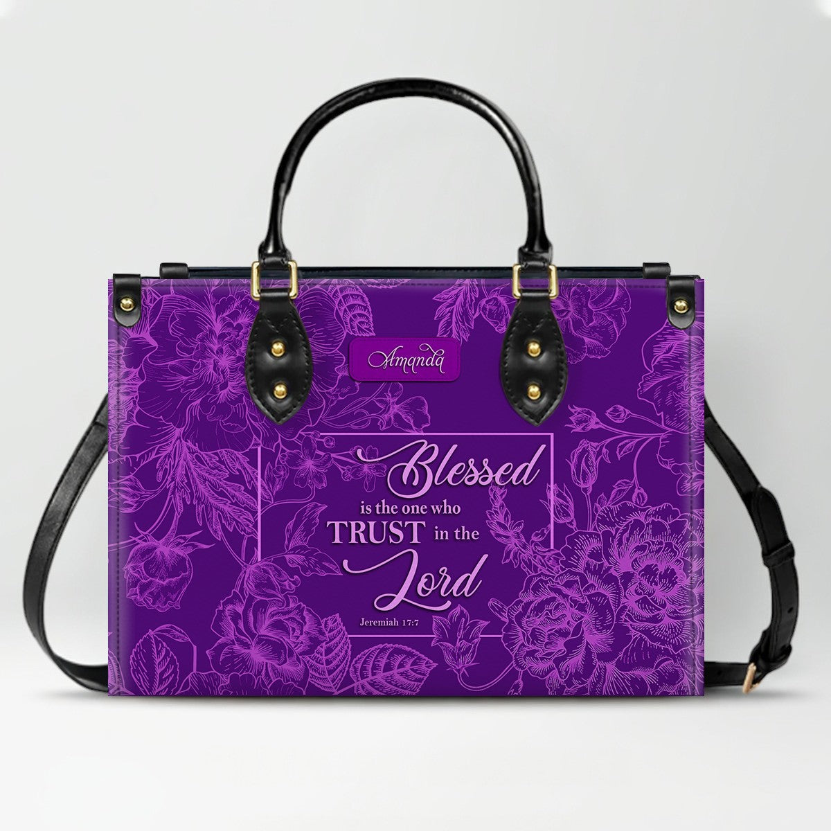 CHRISTIANARTBAG Personalized Leather Handbag | Custom Name Christian Bible Verse Tote Bag | Floral Purple Crossbody Purse for Religious Women Gift CAB017926