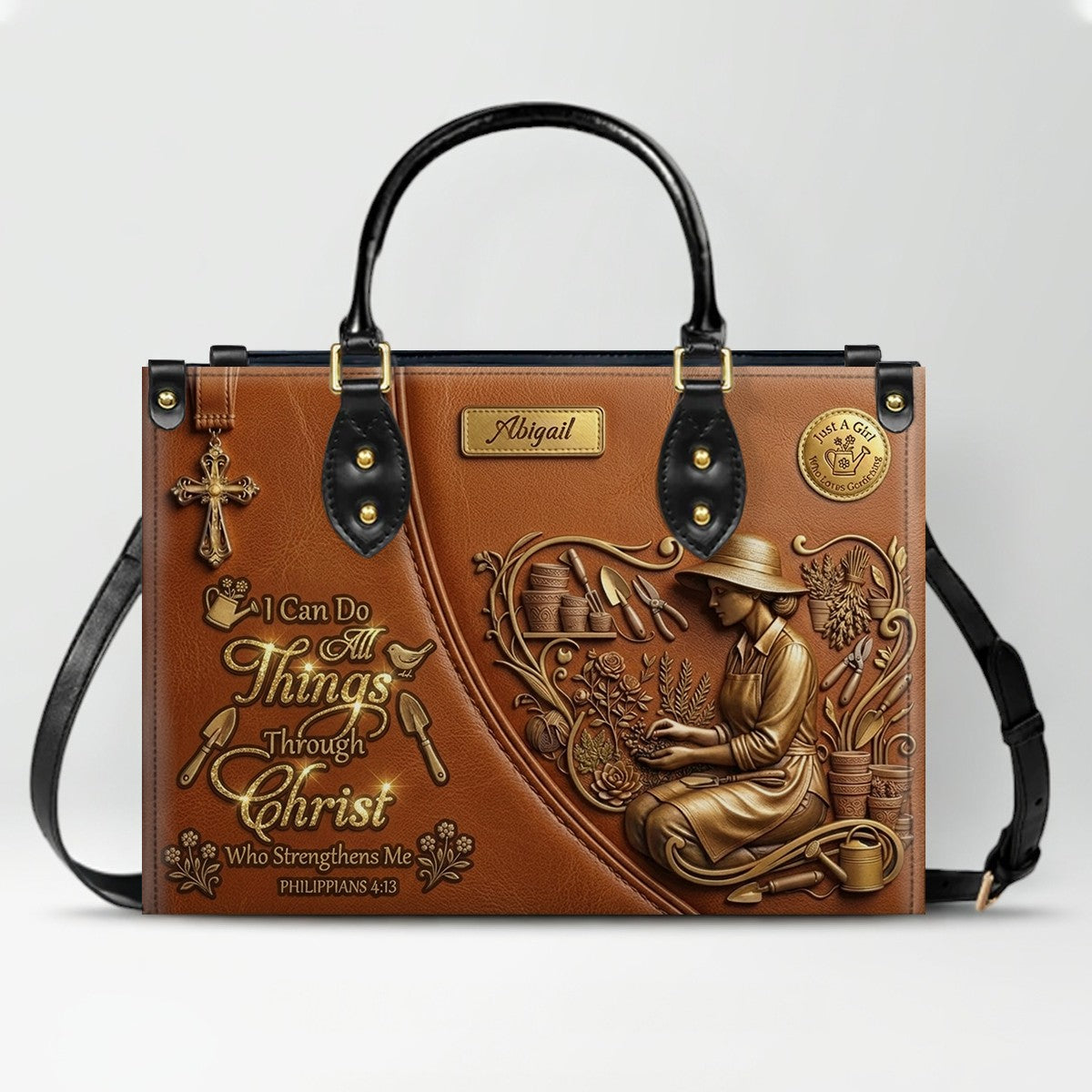 CHRISTIANARTBAG Personalized Leather Handbag - Custom Name Greige Crossbody Bag, Christian Gift for Women, Philippians 4:13 Gardening Tote CAB0171926