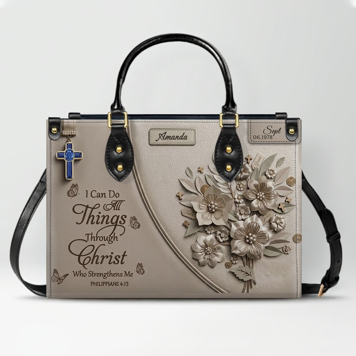 Personalized Christian Leather Handbag with Custom Name & Birthstone - "I Can Do All Things Through Christ" Philippians 4:13 Purse | CHRISTIANARTBAG 01072526