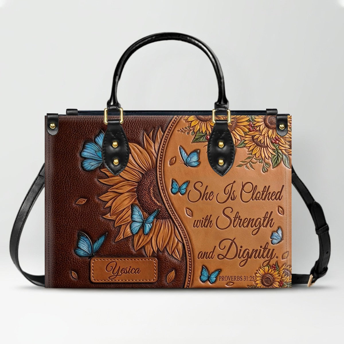 CHRISTIANARTBAG Personalized Leather Handbag with Sunflower & Bible Verse - Custom Name Christian Scripture Tote Bag CAB01070726