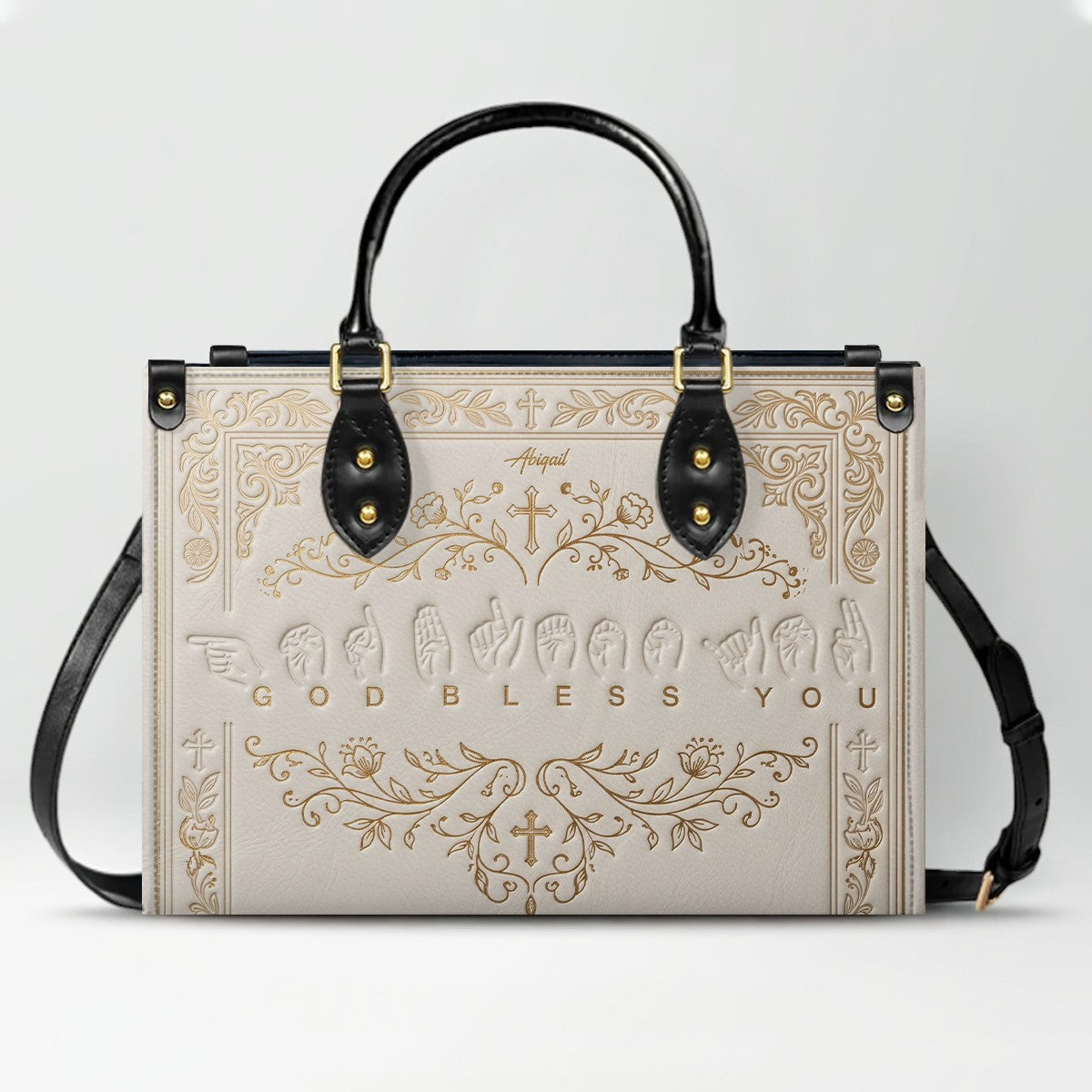 Personalized Christian ASL God Bless You Leather Handbag - Custom Name Christian Leather Tote Bag - CHRISTIANARTBAG CAB01101426
