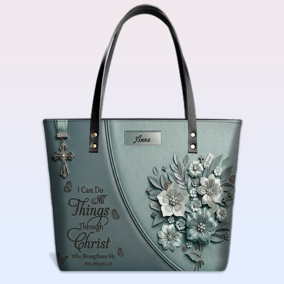 Personalized Leather Tote Bag with Custom Name - Christian Floral Scripture Handbag, Philippians 4:13 | CHRISTIANARTBAG 01072326