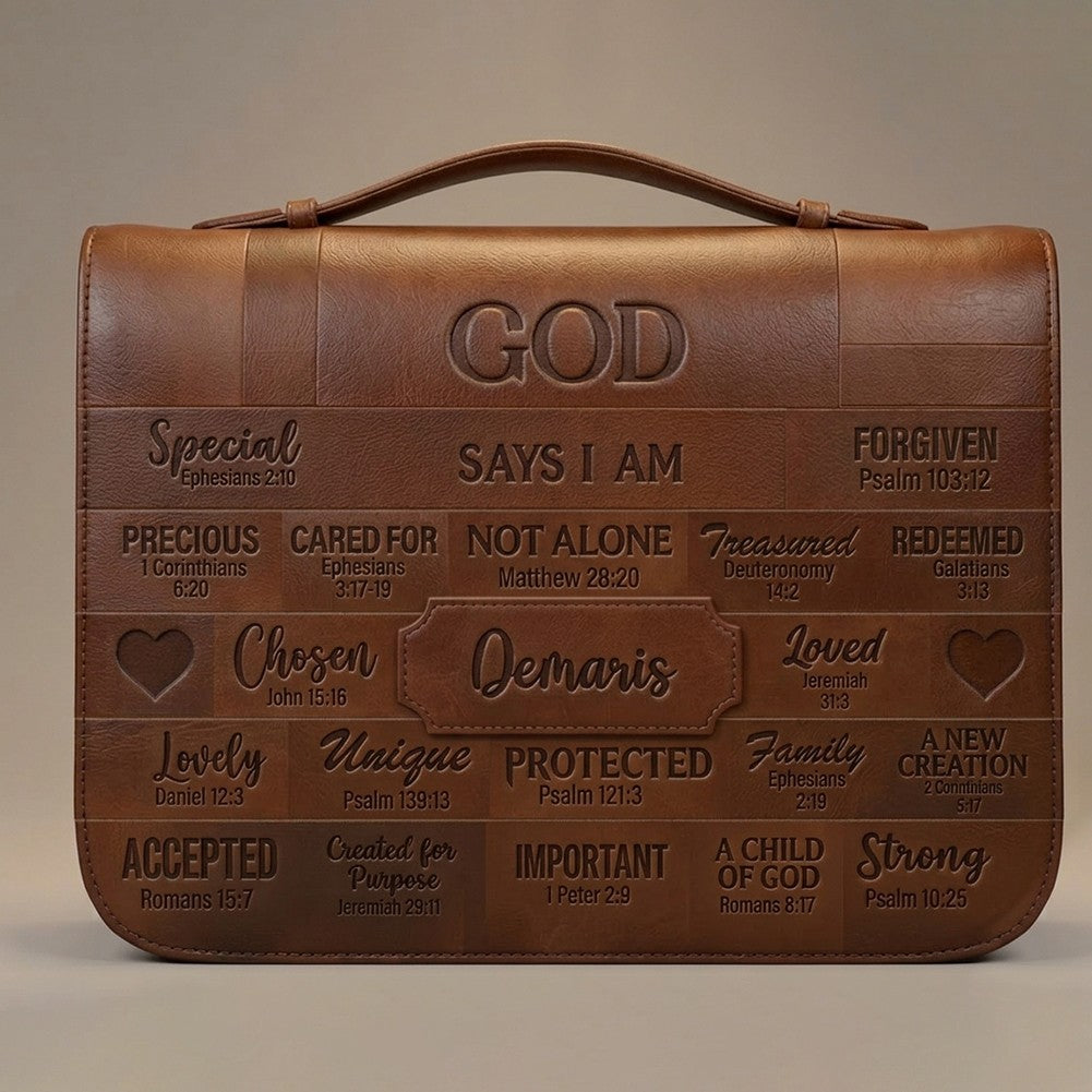 CHRISTIANARTBAG Personalized Bible Cover - Custom Name "God Says I Am" Bible Case - Black Faux Leather Journal Protector with Shoulder Strap for Women & Men CAB01041526