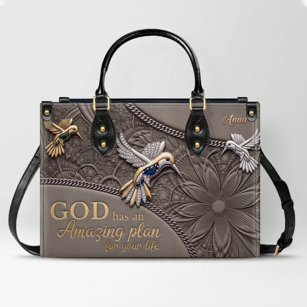 CHRISTIANARTBAG Personalized Leather Handbag - God Has An Amazing Plan For Your Life Hummingbird Floral Bag CAB01100326