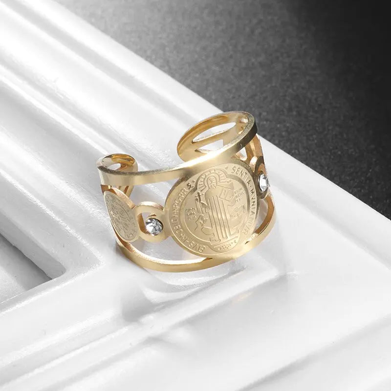 Saint Benedict Ring for Men Women - Stainless Steel Catholic Exorcism Protection Ring - Religious Christian Jewelry Adjustable Size