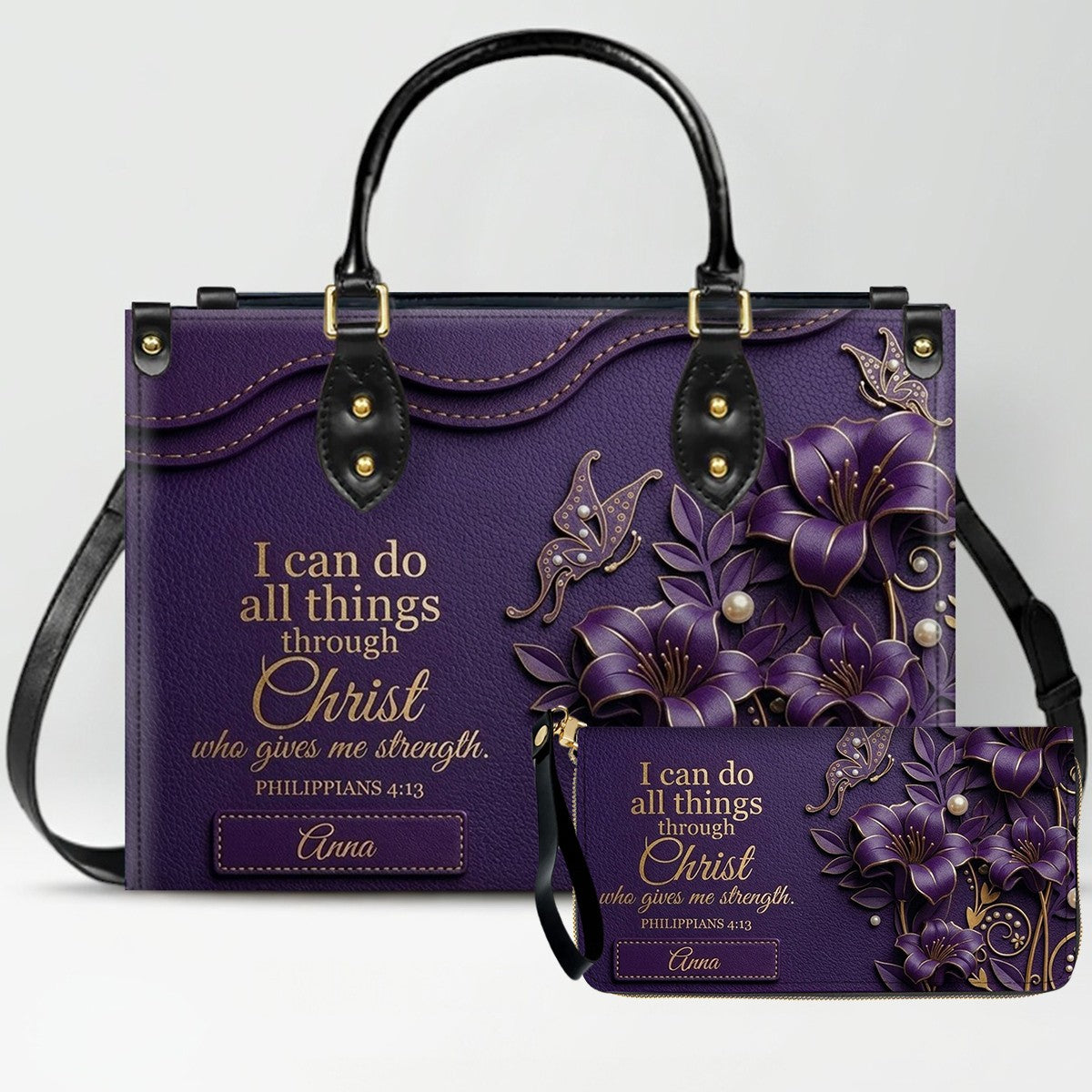 Personalized Leather Handbag - Custom Name Christian Bible Verse Philippians 4:13 Floral Butterfly Tote Bag | CHRISTIANARTBAG CA01100926