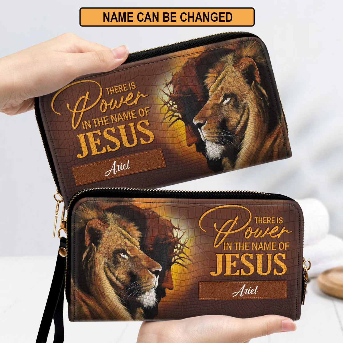 Christianartbag Clutch Purse, There Is Power In The Name Of Jesus - Half Jesus Half Lion Clutch Purse For Women, Personalized Name, Christian Gifts For Women, CAB07091223. - Christian Art Bag