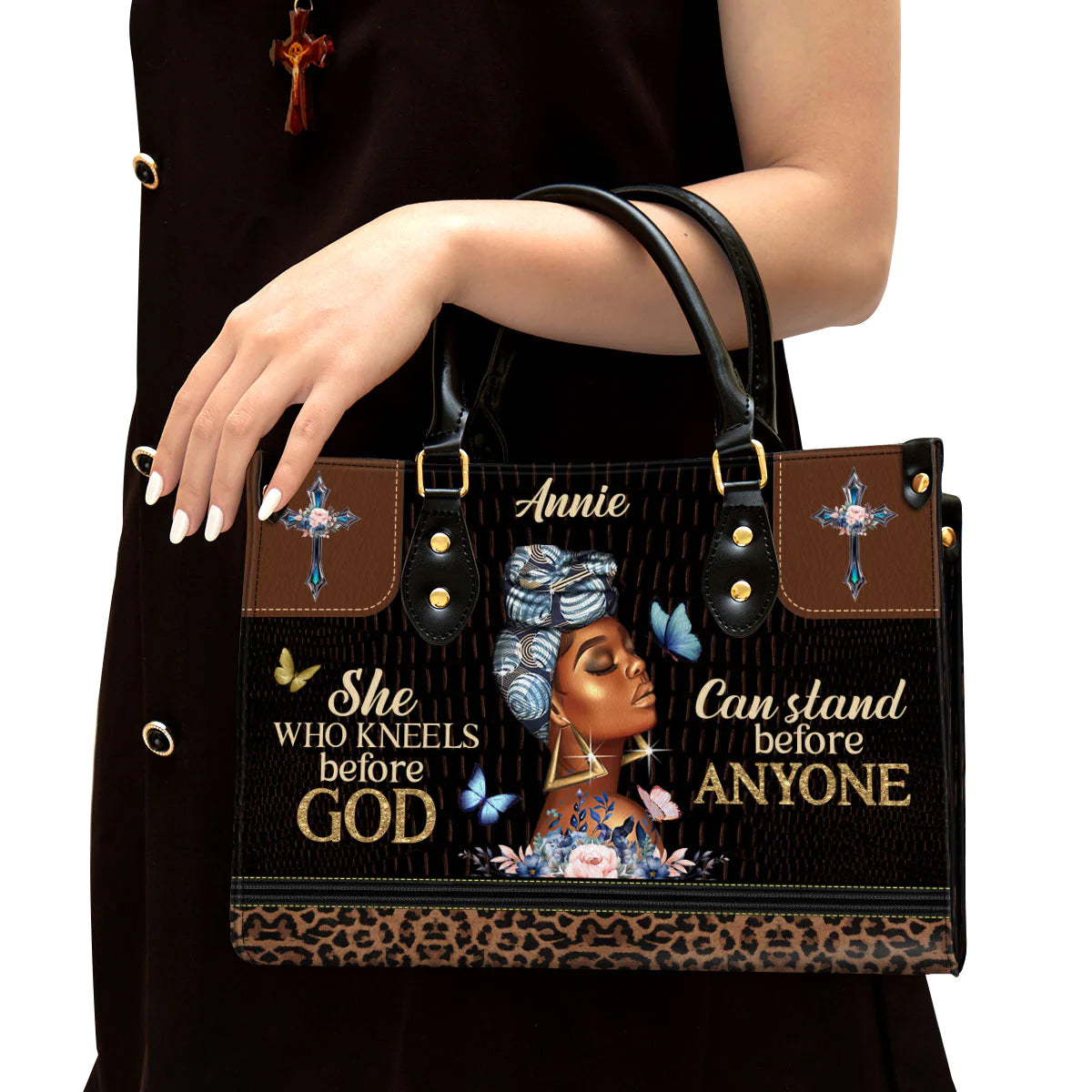 Christianart Designer Handbags, She Who Kneels Before God Can Stand Before Anyone, Personalized Gifts, Gifts for Women. - Christian Art Bag