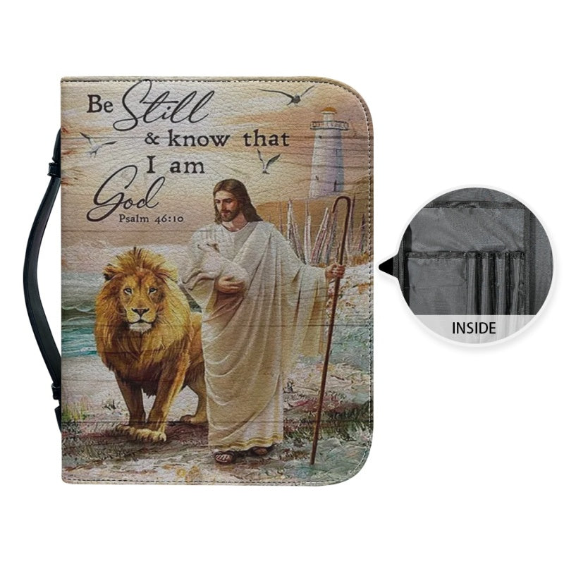 Christianartbag Bible Cover, Be Still And Know That I Am God Bible Cover, Personalized Bible Cover, Christ Cat Lion Sheep Warrior Bible Cover, Christian Gifts, CAB01021123. - Christian Art Bag