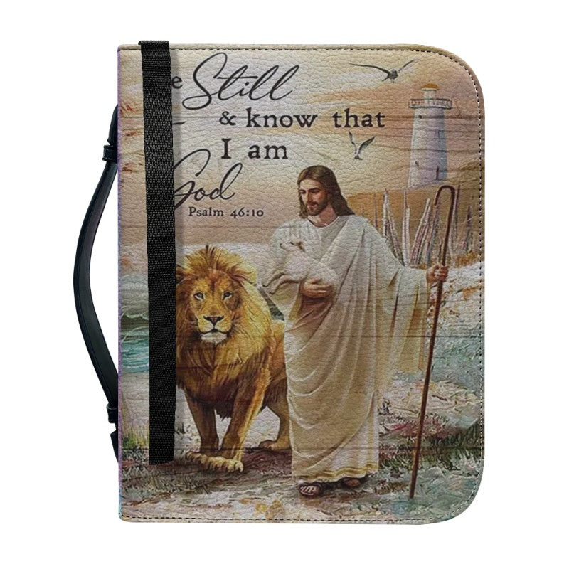 Christianartbag Bible Cover, Be Still And Know That I Am God Bible Cover, Personalized Bible Cover, Christ Cat Lion Sheep Warrior Bible Cover, Christian Gifts, CAB01021123. - Christian Art Bag