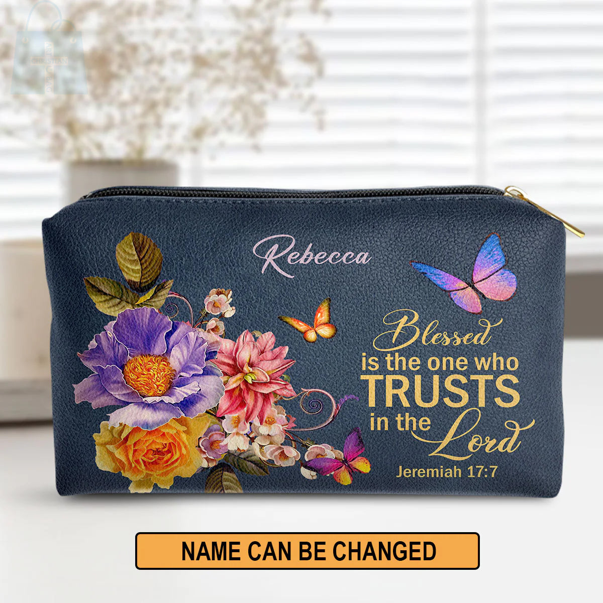 Christianartbag Makeup Cosmetic Bag, Blessed Is The Woman Who Trusts In The Lord Jeremiah 17:7, Christmas Gift, Personalized Leather Cosmetic Bag. - Christian Art Bag