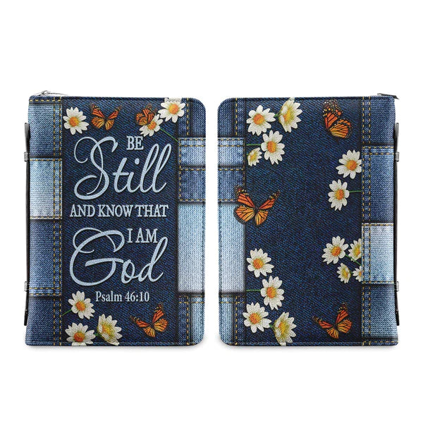 Christianart Bible Cover, Be Still And Know That I Am God Butterfly Denim Style Psalm 46 10, Personalized Bible Cover. - Christian Art Bag