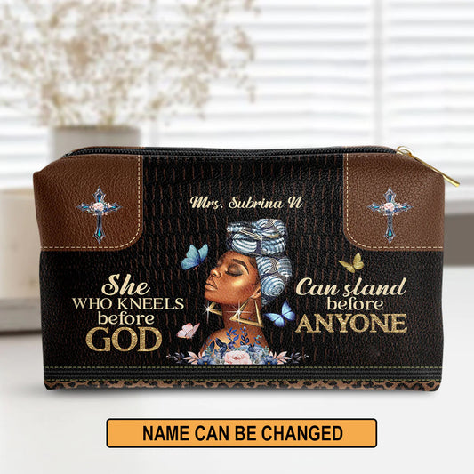 Christianartbag Makeup Cosmetic Bag, She Who Kneels Before God Can Stand Before Anyone, Christmas Gift, Personalized Leather Cosmetic Bag. - Christian Art Bag