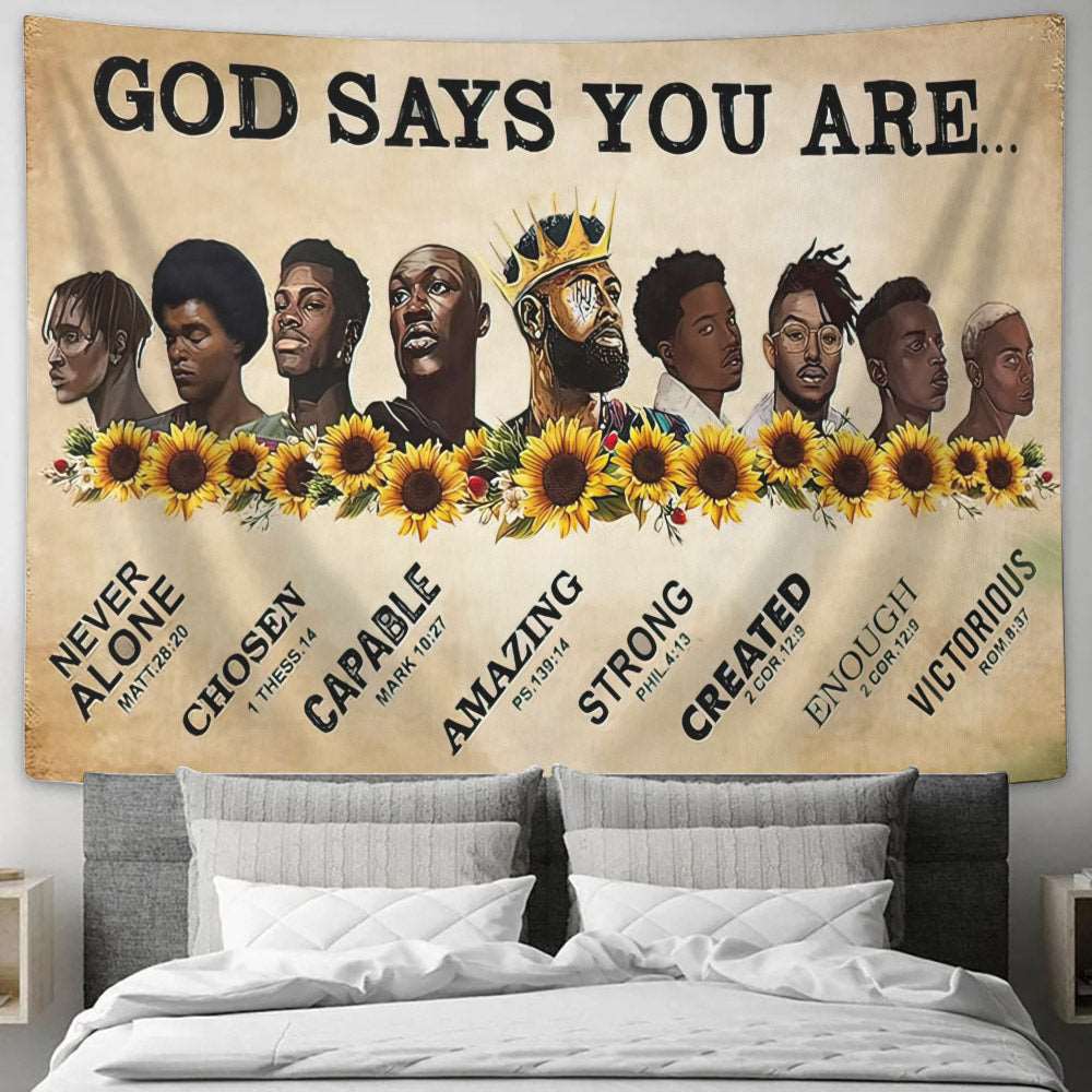 Christianartbag Tapestry, God Says You Are, African American Black Men And Sunflower Tapestry, Tapestry Wall Hanging, Christian Wall Art, Tapestries - Christian Art Bag