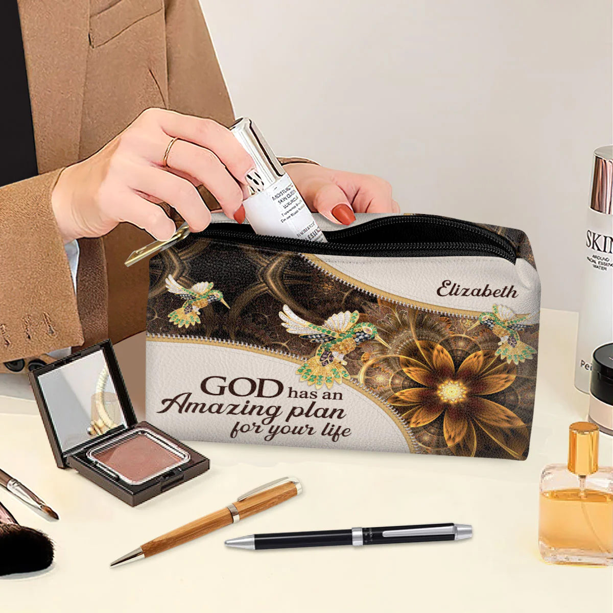 Christianartbag Makeup Cosmetic Bag, God Has An Amazing Plan For Your Life, Christmas Gift, Personalized Leather Cosmetic Bag. - Christian Art Bag