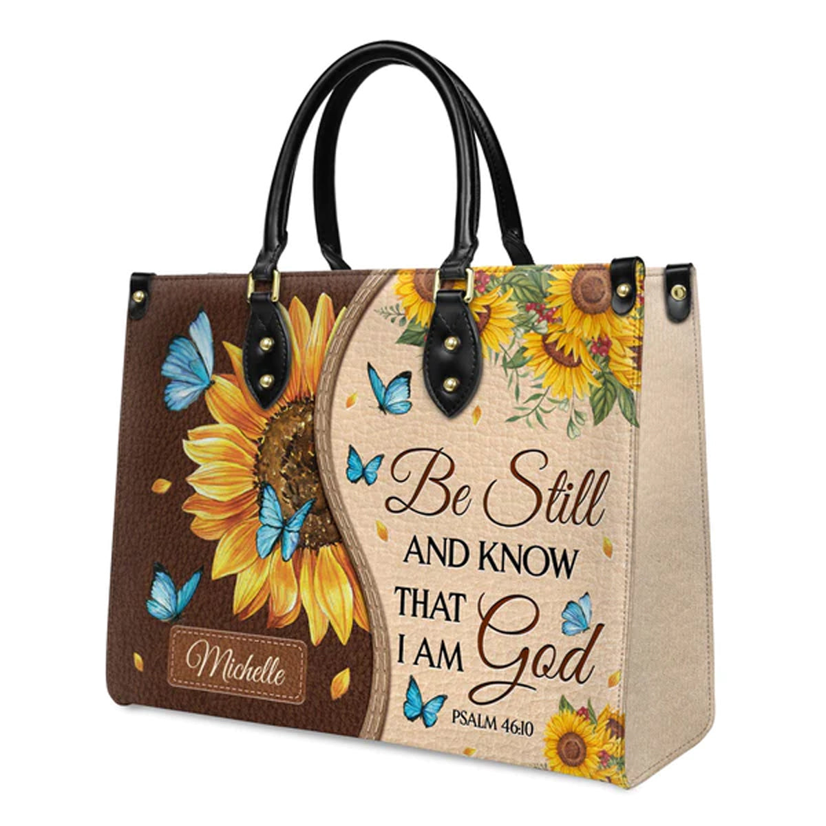 Christianart Designer Handbags, Be Still And Know That I Am God Psalm 46:10 Sunflower Butterfly, Personalized Gifts, Gifts for Women, Christmas Gift. - Christian Art Bag