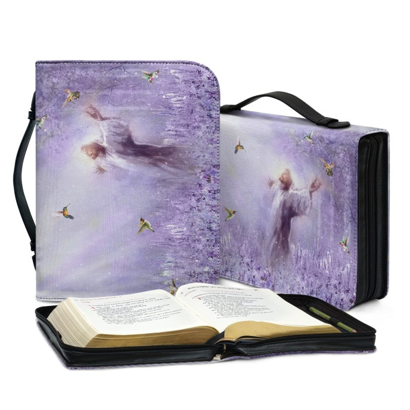 Personalized Spiritual Awakening Bible Cover - Jesus in Purple Meadow Art with Custom Name Option by CHRISTIANARTBAG CABBBCV02270324