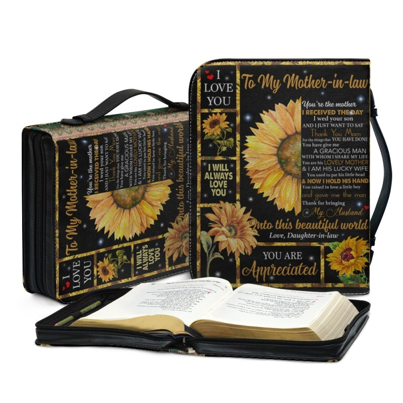 Christianartbag Bible Cover, To My Mom-in-Law Sunflower Bible Cover, Personalized Bible Cover, Mom Bible Cover, Mother Days Gifts, CAB09201223. - Christian Art Bag