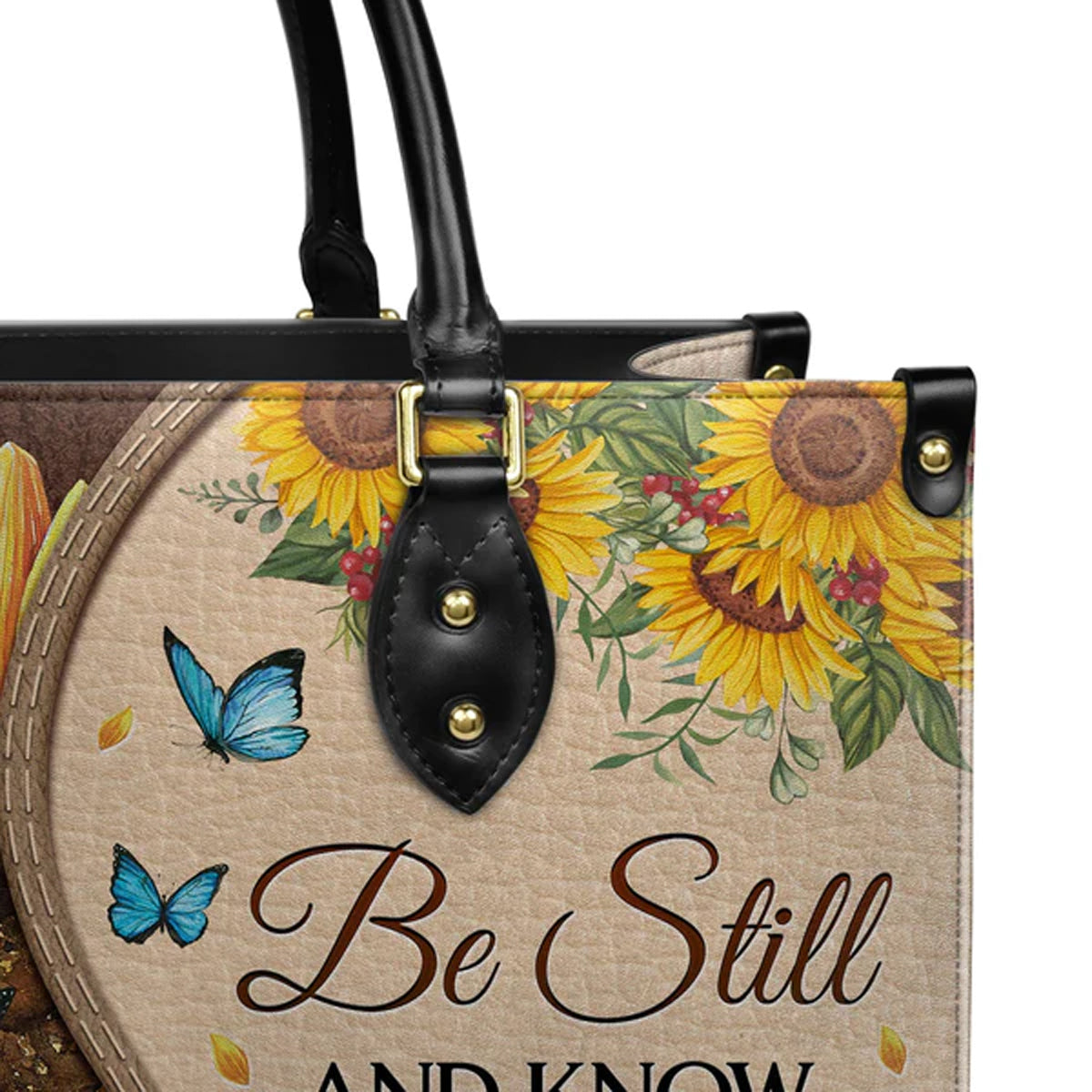 Christianart Designer Handbags, Be Still And Know That I Am God Psalm 46:10 Sunflower Butterfly, Personalized Gifts, Gifts for Women, Christmas Gift. - Christian Art Bag