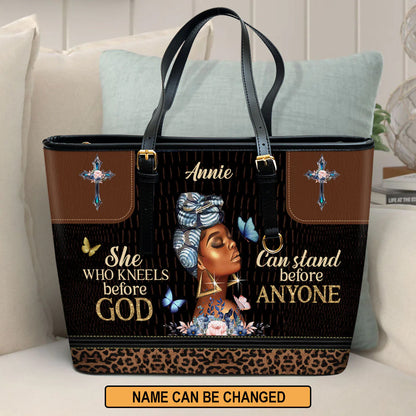 Christianart Designer Handbags, She Who Kneels Before God Can Stand Before Anyone, Personalized Gifts, Gifts for Women. - Christian Art Bag