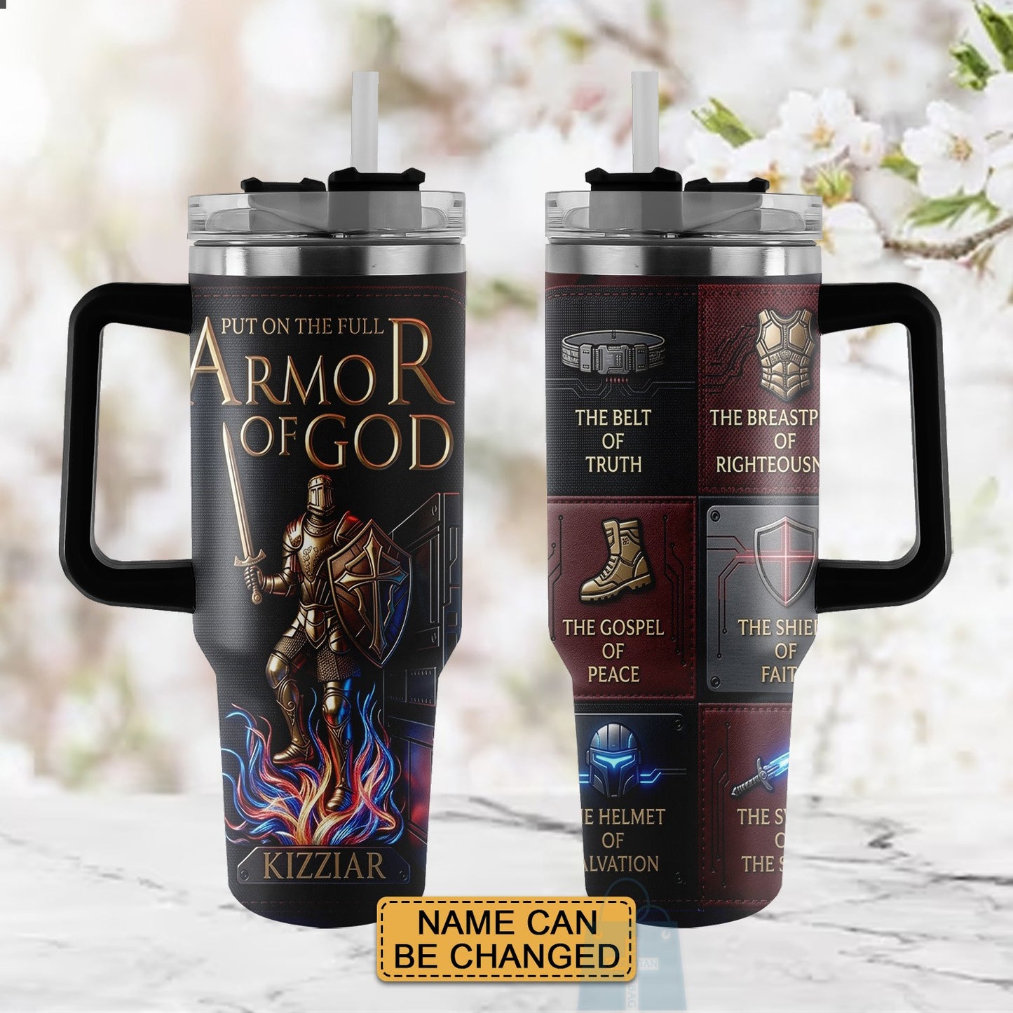 40oz Travel Mug, Double Wall Vacuum Insulated Coffee Cup, Engraved 'Armor of God' Design, Ideal Religious Gift CAB01052926