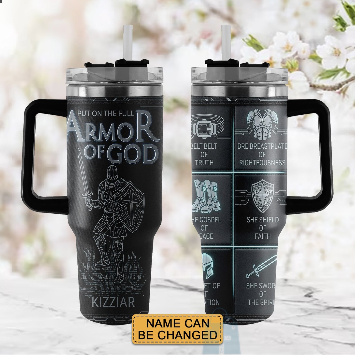 40oz Travel Mug, Double Wall Vacuum Insulated Coffee Cup, Engraved 'Armor of God' Design, Ideal Religious Gift CAB01052926