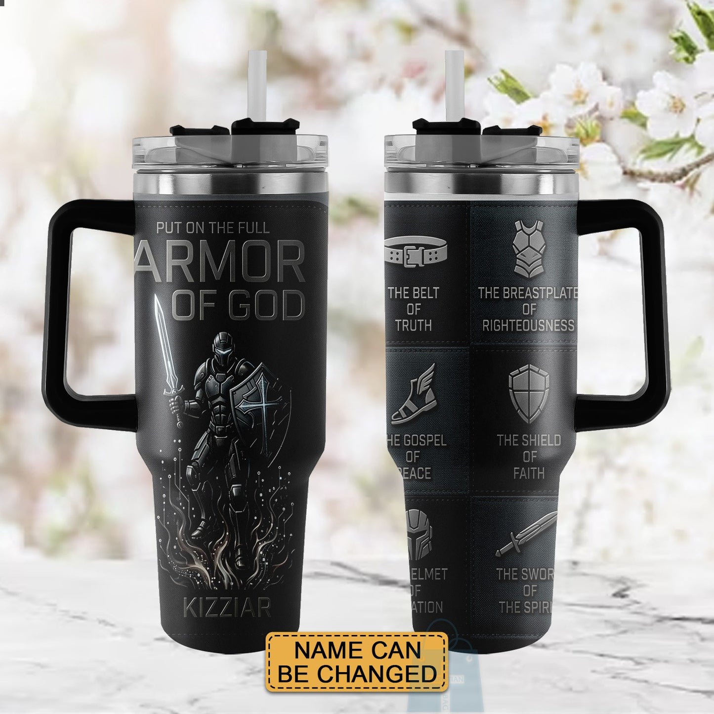40oz Travel Mug, Double Wall Vacuum Insulated Coffee Cup, Engraved 'Armor of God' Design, Ideal Religious Gift CAB01052926