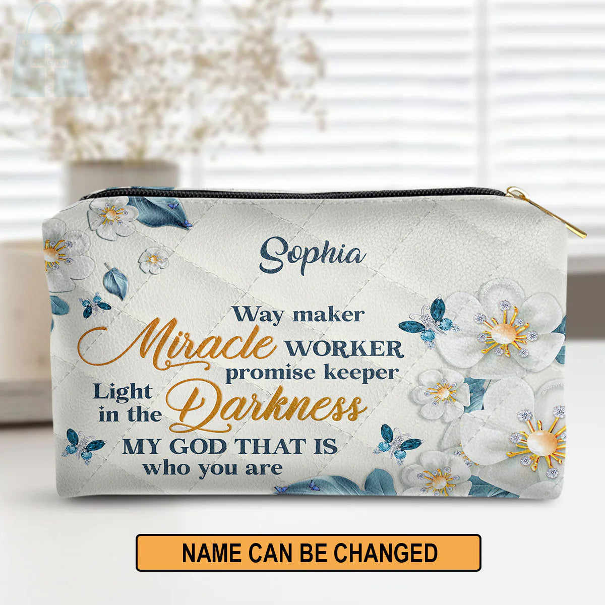Christianartbag Makeup Cosmetic Bag, Flower & Butterfly | Way Maker And Miracle Worker, Christmas Gift, Personalized Leather Cosmetic Bag. - Christian Art Bag