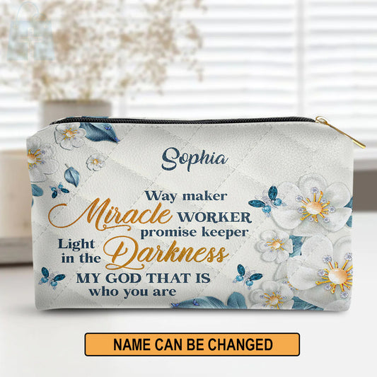 Christianartbag Makeup Cosmetic Bag, Flower & Butterfly | Way Maker And Miracle Worker, Christmas Gift, Personalized Leather Cosmetic Bag. - Christian Art Bag