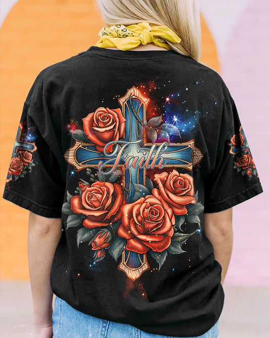 Christianartbag 3D T-Shirt For Women, Faith Cross Rose Vintage Women's All Over Print Shirt, Christian Shirt, Faithful Fashion, 3D Printed Shirts for Christian Women - Christian Art Bag