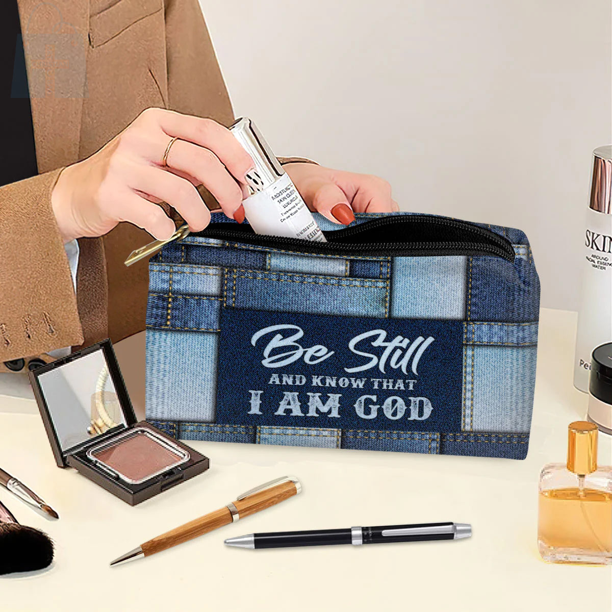 Christianartbag Makeup Cosmetic Bag, Be Still And Know That I Am God Christmas Gift, Personalized Leather Cosmetic Bag. - Christian Art Bag