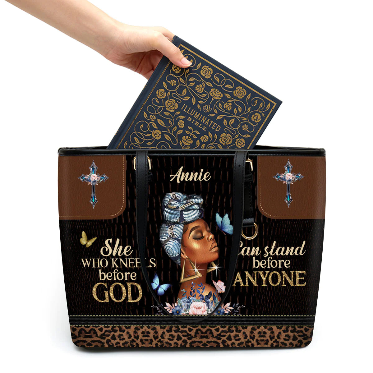 Christianart Designer Handbags, She Who Kneels Before God Can Stand Before Anyone, Personalized Gifts, Gifts for Women. - Christian Art Bag