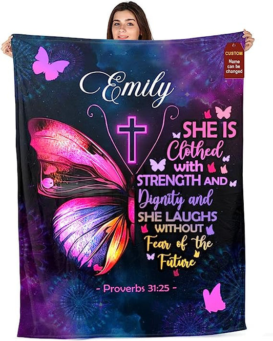 Christianart Blanket, She Is Clothed With Strength, Christian Blanket, Bible Verse Blanket, Personalized Blanket, Christmas Gift. - Christian Art Bag