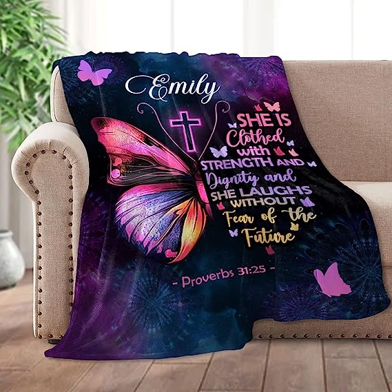 Christianart Blanket, She Is Clothed With Strength, Christian Blanket, Bible Verse Blanket, Personalized Blanket, Christmas Gift. - Christian Art Bag