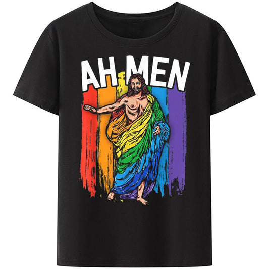 Christianartbag Funny T-Shirt, Ah Men Funny LGBT Gay Pride Jesus Rainbow Flag, Christian humor, Funny religious shirts, Unisex T-shirt. - Christian Art Bag