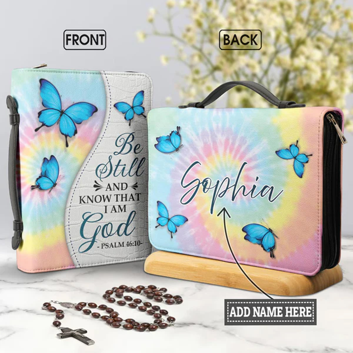 Christianart Bible Cover, Be Still And Know That I Am God Butterfly Tie Dye Psalm 46:10, Personalized Bible Cover, Gifts For Women, Christmas Gift. - Christian Art Bag