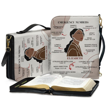 CHRISTIANARTBAG Bible Cover – "Emergency Numbers" Scripture Guide Design with Customizable Name, Skin Tone, and Hair Color | Spiritual Comfort and Guidance for Life's Challenges - CAB0130924