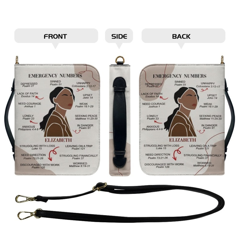 CHRISTIANARTBAG Bible Cover – "Emergency Numbers" Scripture Guide Design with Customizable Name, Skin Tone, and Hair Color | Spiritual Comfort and Guidance for Life's Challenges - CAB0130924