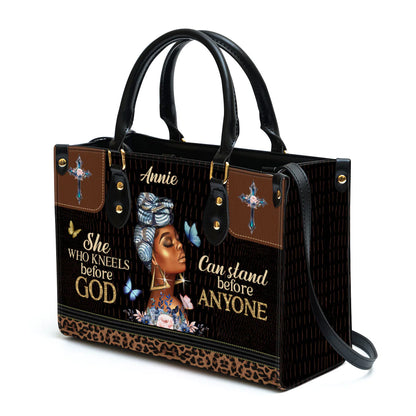 Christianart Designer Handbags, She Who Kneels Before God Can Stand Before Anyone, Personalized Gifts, Gifts for Women. - Christian Art Bag