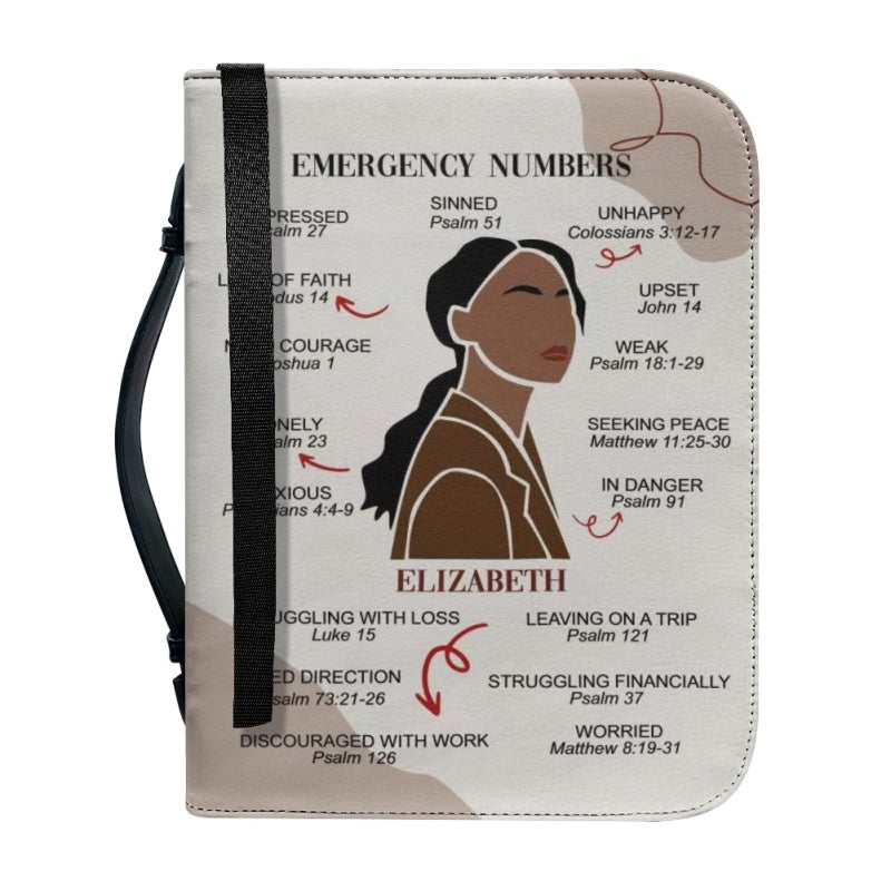 CHRISTIANARTBAG Bible Cover – "Emergency Numbers" Scripture Guide Design with Customizable Name, Skin Tone, and Hair Color | Spiritual Comfort and Guidance for Life's Challenges - CAB0130924