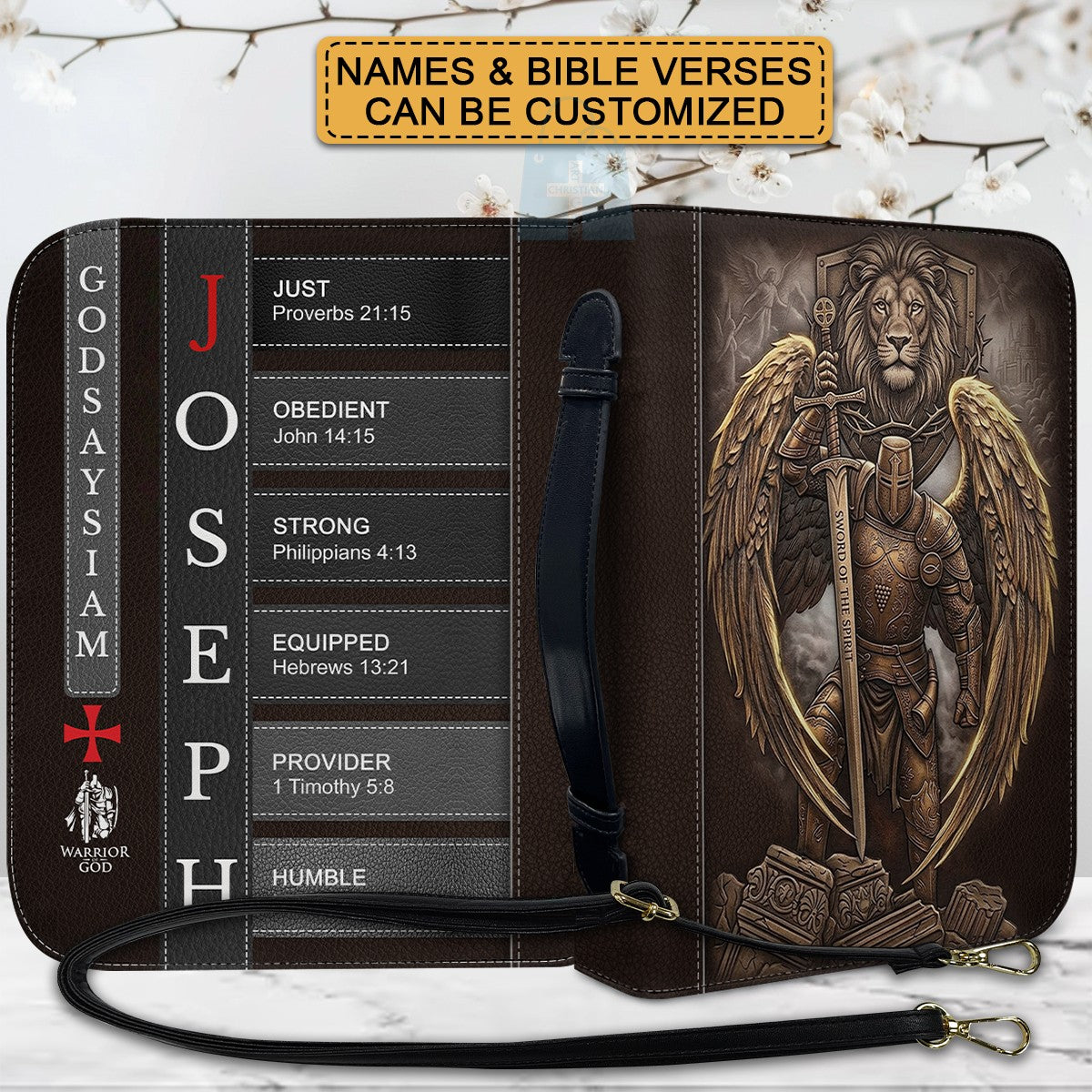 Personalized Leather Bible Cover for Men - Custom Name & Acrostic Bible Verses - Warrior of God Lion & Knight Design - Christian Gift for Him CAB4426