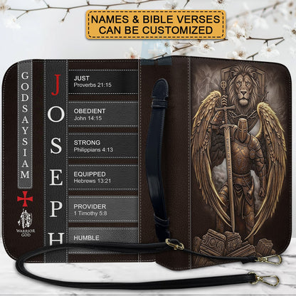 Personalized Leather Bible Cover for Men - Custom Name & Acrostic Bible Verses - Warrior of God Lion & Knight Design - Christian Gift for Him CAB4426