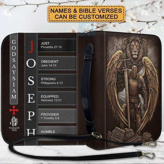 Personalized Leather Bible Cover for Men - Custom Name & Acrostic Bible Verses - Warrior of God Lion & Knight Design - Christian Gift for Him CAB4426
